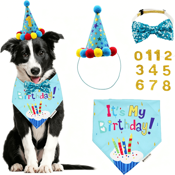 AUQ Dog Birthday Bandana Scarf and Blue Boy Pet Birthday Party Hat with Cute Bow Tie for Medium Large Dog(Large)
