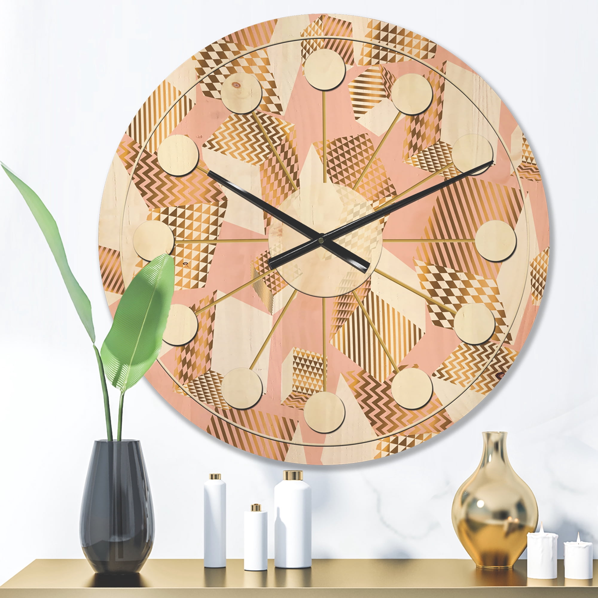 Designart 'Rose and Gold Cubes I' Mid-Century Modern Wood Wall Clock