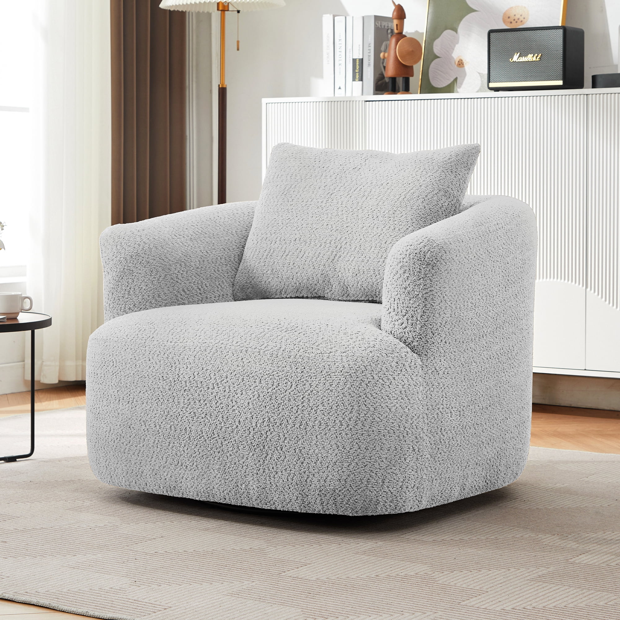 Euroco 360° Swivel Chair, 38.2" Accent Chair Sofa, Upholstered Swivel Barrel Sofa Chair with a Throw Pillow for Living Room, Bedroom, Office and Hotel, Light Grey