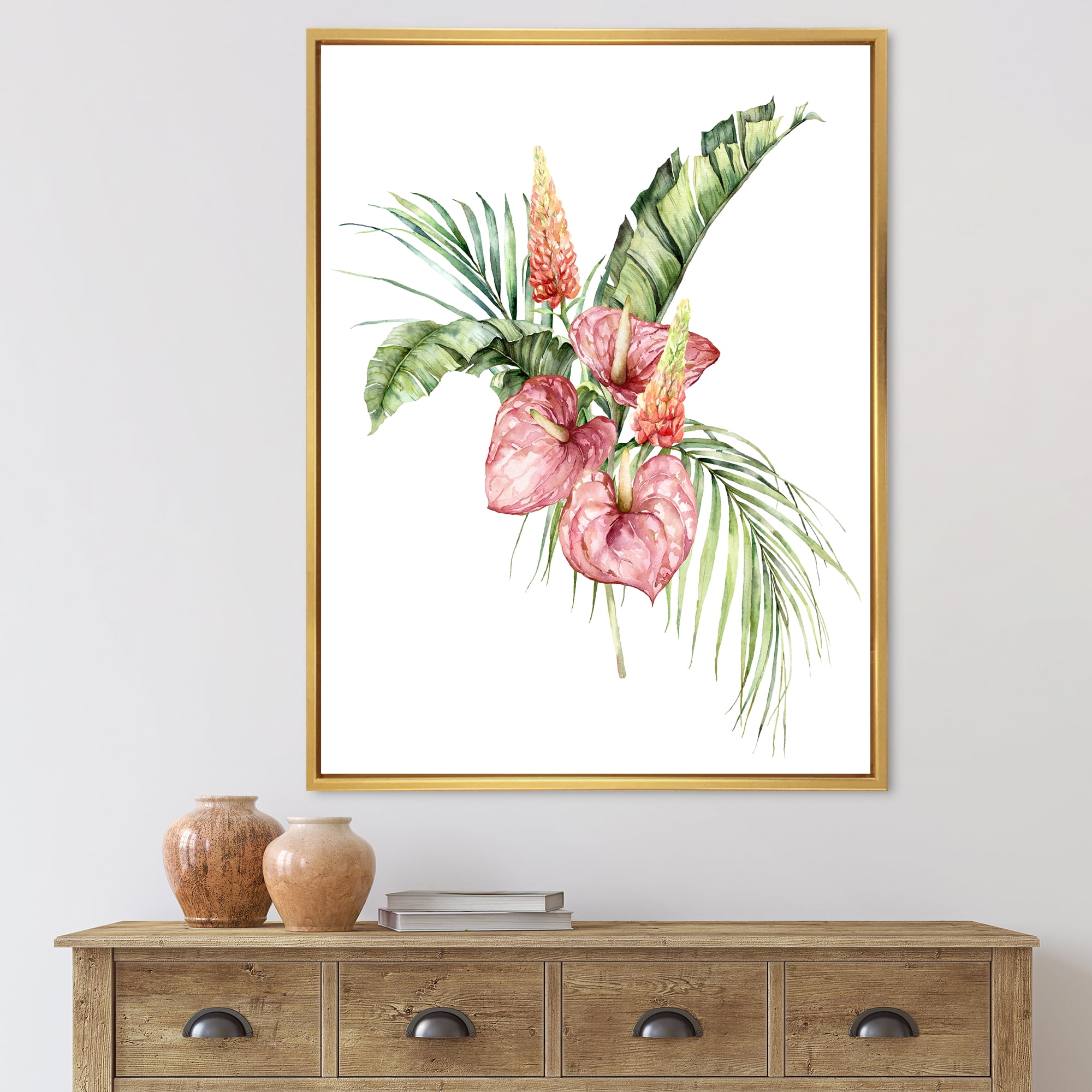 Designart 'Tropical Bouquet With Anthurium Lupine and Leaves On White II' Traditional Framed Canvas Wall Art Print