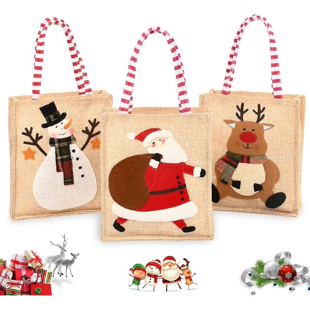 3 bolsas de regalo de Papá Noel, bolsa de dulces con Papá Noel, bolsa de Papá Noel con patrón, bolsas de regalo de Navidad con asa, Papá Noel, muñeco de nieve, alce, para envolver Ca