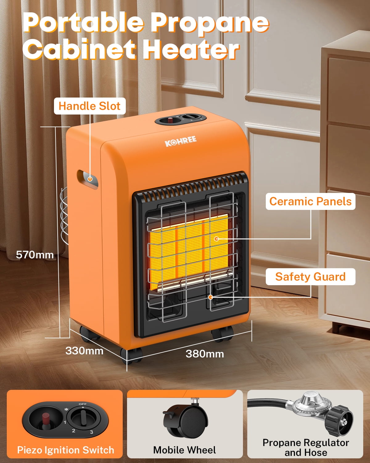 Kohree Propane Heater Portable 18000 BTU Cabinet Space Heater for Home ,Garage, Outdooor Sports ,Camping,RV,Fishing,Orange