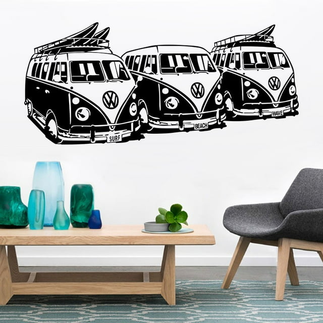 Adhesivos de pared vintage para autobús, surf, playa, olas, negro y blanco