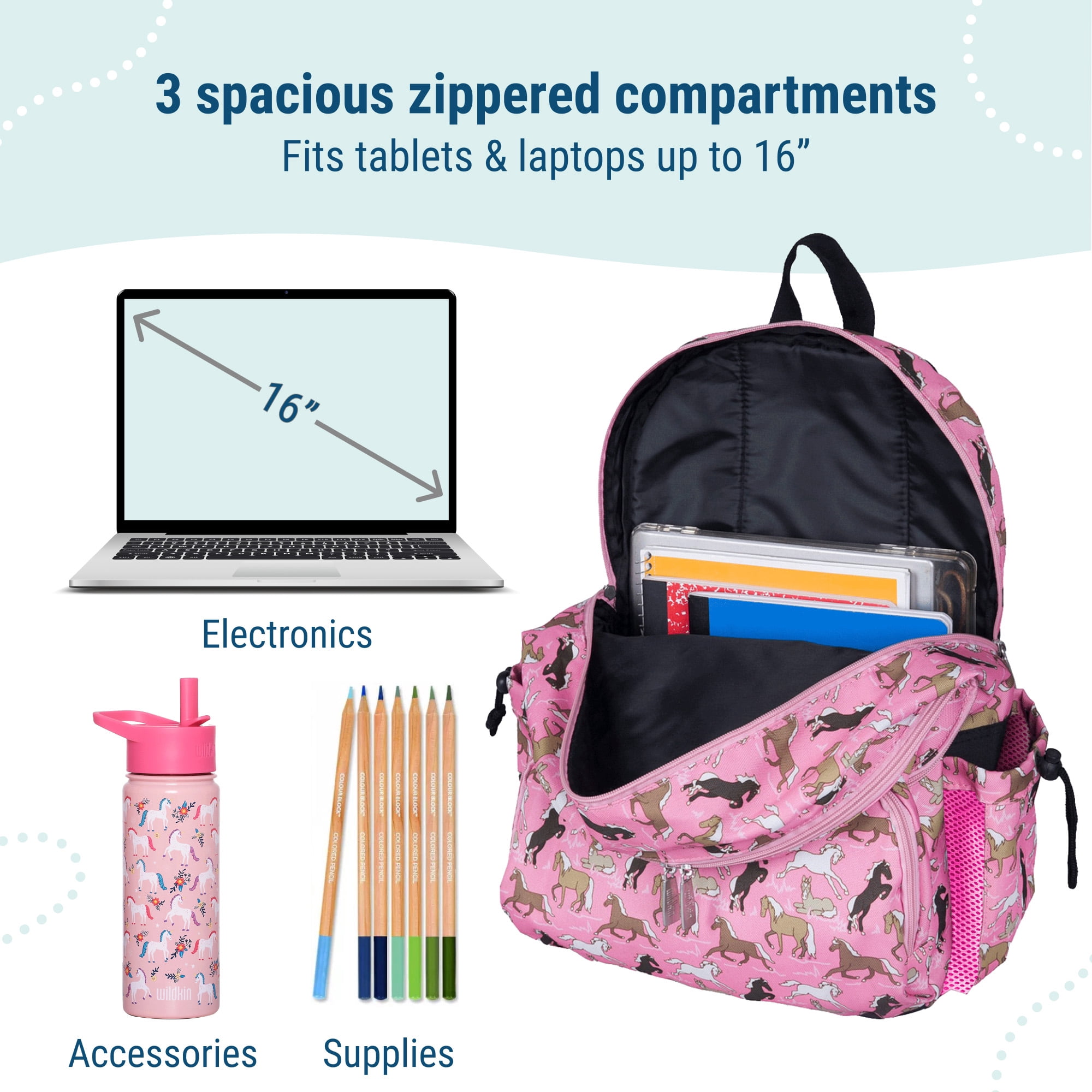 Wildkin Kids 17 Inch Backpack for Boys and Girls, Perfect for School and Travel (Horses in Pink)
