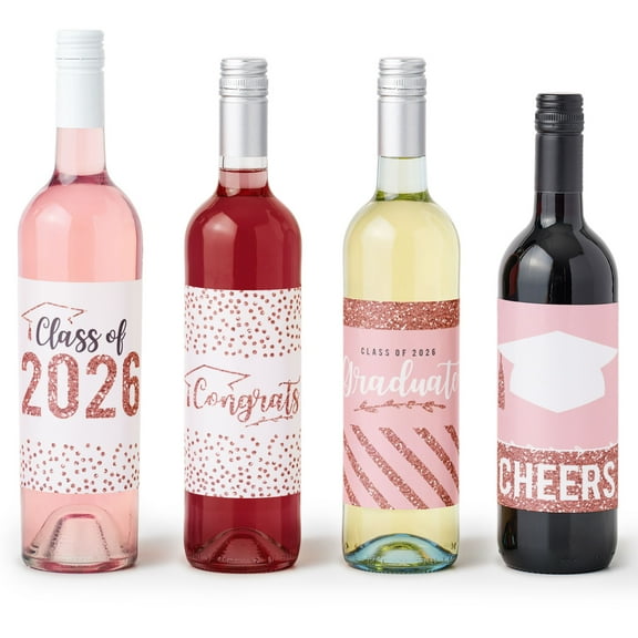 Big Dot of Happiness Rose Gold Grad - 2026 Graduation Party Decorations for Women and Men - Wine Bottle Label Stickers - Set of 4