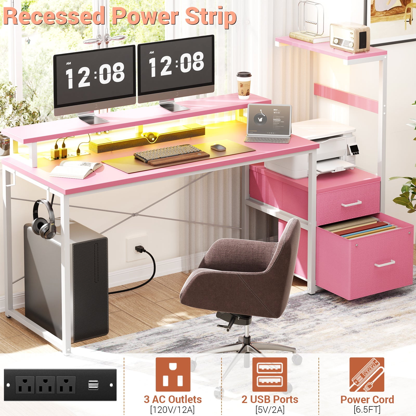 Homieasy Gaming Desk with LED Light Strip and Power Outlet, 59 Inch Reversible Computer Gaming Desk with Monitor Stand & Drawers, Pink