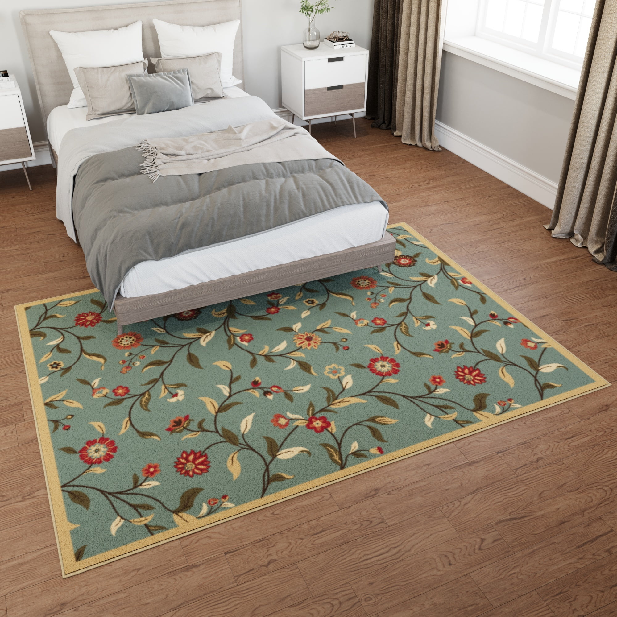 Ottomanson Floral Area Rug 5' x 6'6" - Non Slip Low Pile Carpet, Seafoam Green