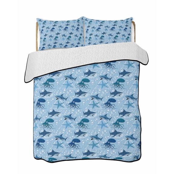 Twin Quilt Bedding Set, Blue Octopus Shark Reversible Summer Quilt 3 Pieces, Coastal Summer Beach Ocean Starfish Lightweight Bedspreads Coverlets with 2 Pillow Shams for All Seasons