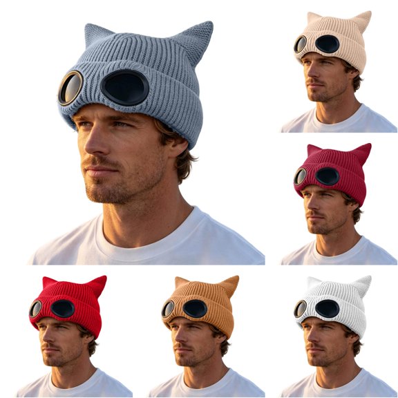 Ticikt Unisex Fleece‑Lined Knit Beanie Hat, Winter Warm Cat‑Ear Knitted Cap with Decorative Goggles Windproof Outdoor Skull Hat for Men Women,Grey
