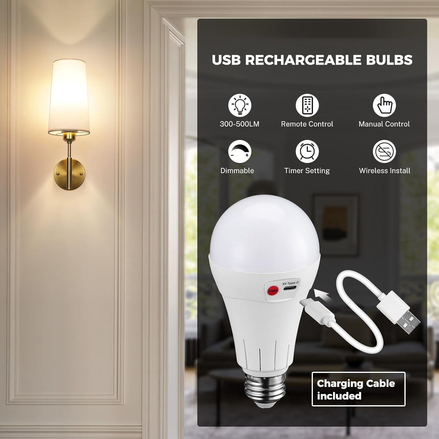 Battery Operated Wall Sconces Set of Two, Wireless, Rechargeable No Wiring Wall Lamp/Light for Bedroom, Gold