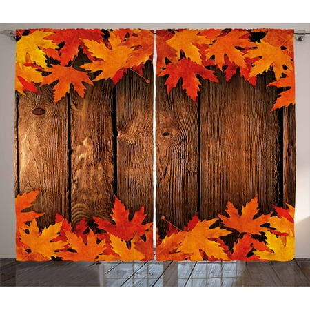 Country Cottage Living Room Ideas Fall Decor Curtains 2 Panels Set, Dry Leaves Poured Onto Wooden Board Cabin Cottage Rustic Country House, Window Drapes for Living Room Bedroom, 108W X 90L Inches, Scarlet Brown Orange, by Ambesonne ()