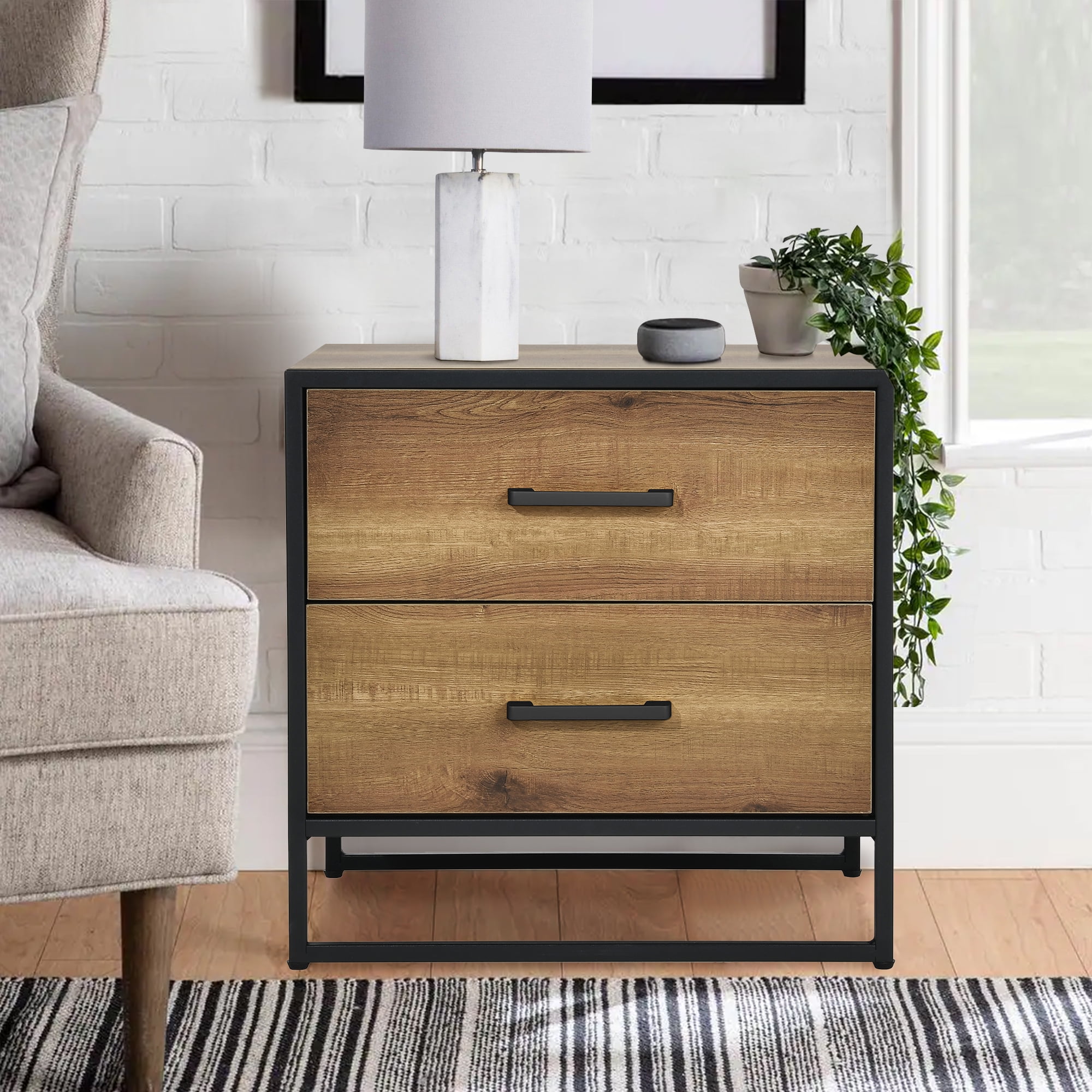Dextrus Modern Nightstand End Side Table with 2 Drawers and Metal Frame for Bedroom Living Room, Brown and Black