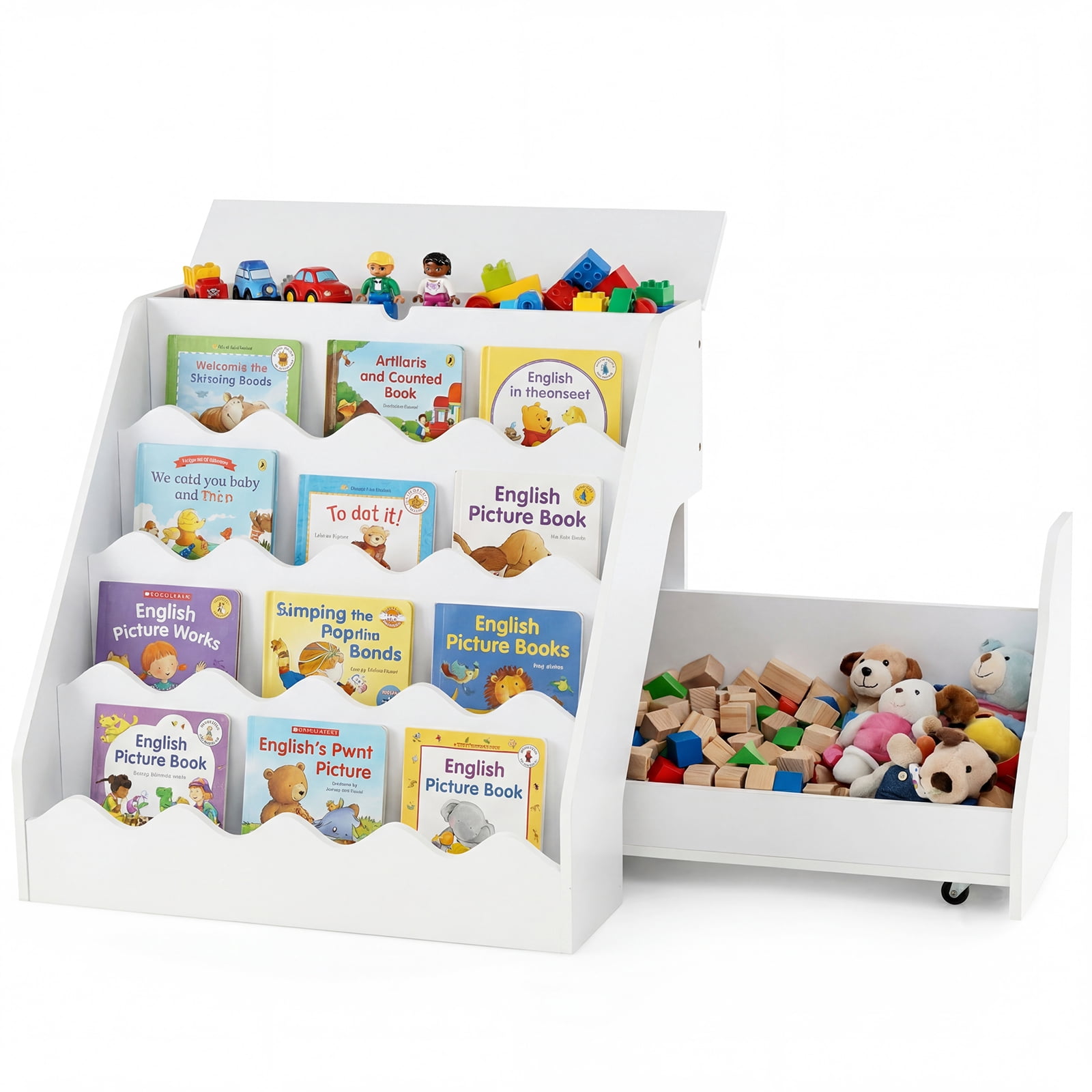 Costway Kids’ Bookshelf & Toy Storage Organizer with Rolling Drawer Cart, 4 Tier Book Shelf White