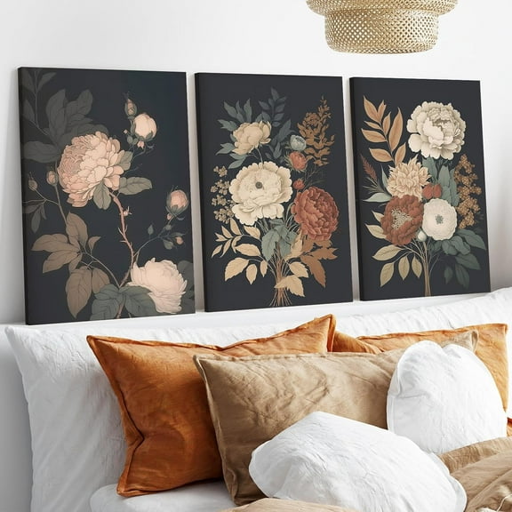 Black Floral Wall Art Set of 3 Moody Flowers Painting Pictures Gothic Botanical Poster Large Vintage Canvas Prints Wall Art for Living Room Dark Academia Bathroom Wall Decor 12"X16" Unframed