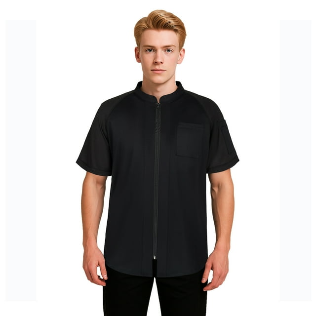 TOPTIE Veste de Chef à Manches Courtes Noire Respirante à Fermeture Éclair Uniforme de Chef avec Maille Tricotée