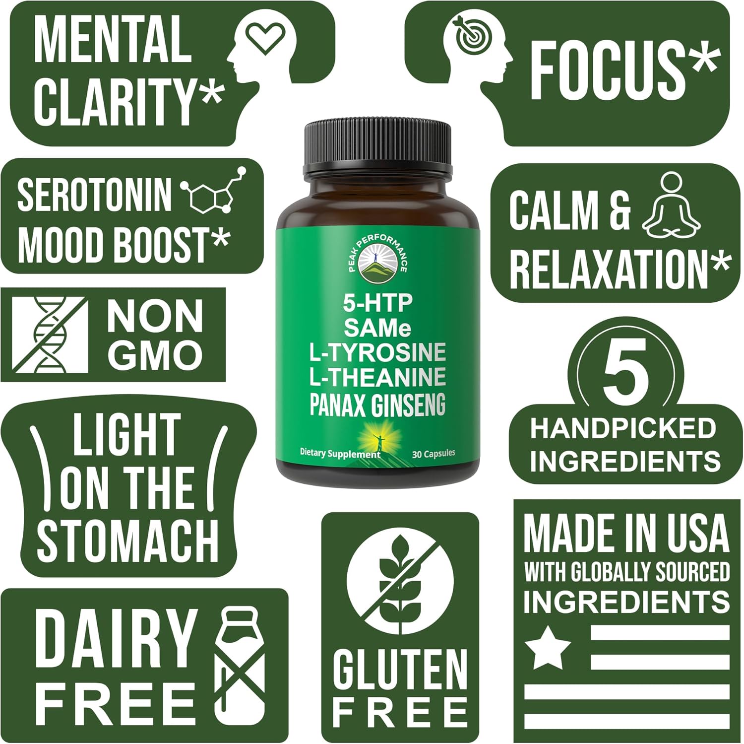 Peak Performance Mood Support Supplement with 5 Top Ingredients: 5HTP, SAM e, L Tyrosine, L Theanine, and Panax Ginseng. Calm, Focus, Relaxation Supplements. Vegan