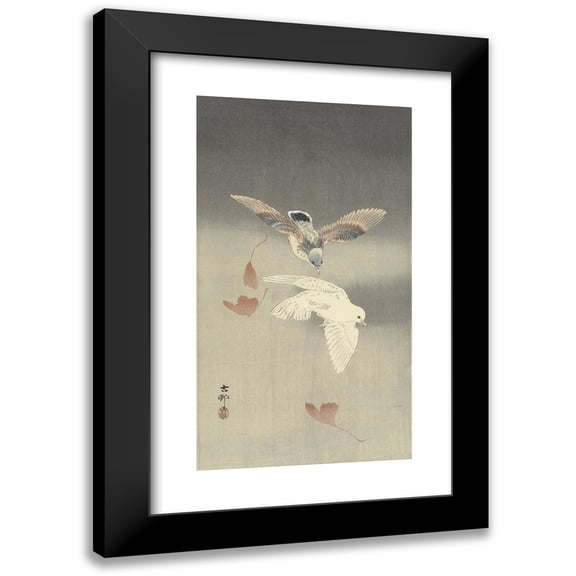 Ohara Koson 10x14 Black Modern Framed Museum Art Print Titled - Two Pigeons with Falling Ginkgo Leaves (1900 - 1930)