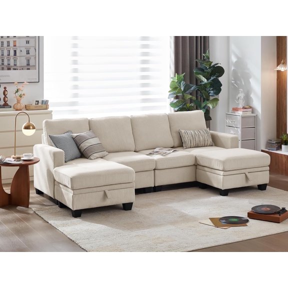 CHIC HOUSE 101" Sectional Sofa with Storage Ottoman Chaise, Corduroy L/U Shaped Sofa Convertible Sectional Couches for Living Room, 6 Seater Corner Modular Sofa with Deep Seat Throw Pillows, Beige