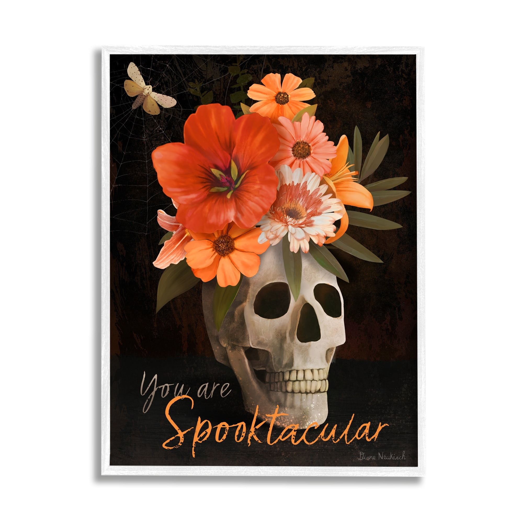 Stupell Industries Spooktacular Halloween Skull Flower Arrangement Spider Web Graphic Art White Framed Art Print Wall Art, Design by Diane Neukirch