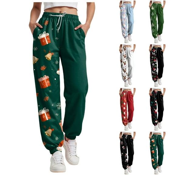 TTUHYWXI Christmas Pajamas Bottoms for Women Santa Claus Snowman Print Wide Leg Pj Pants with Pockets Lounge Sleepwear (Dark Green, XXL)