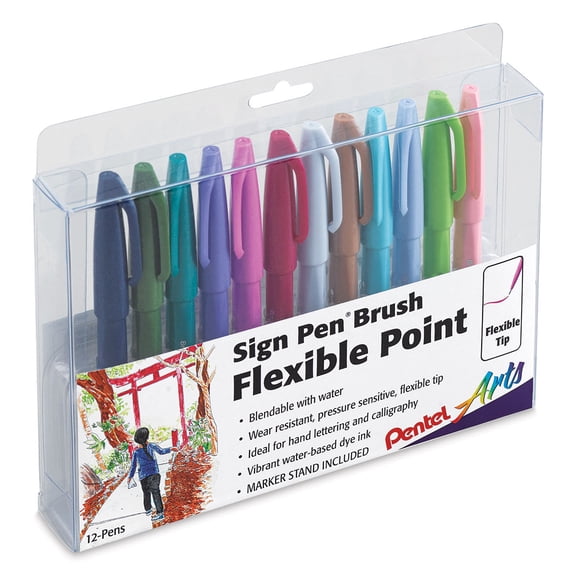 Pentel Arts Sign Pen Brush Tip, 12-Pack Assorted Colors- NEW Colors!
