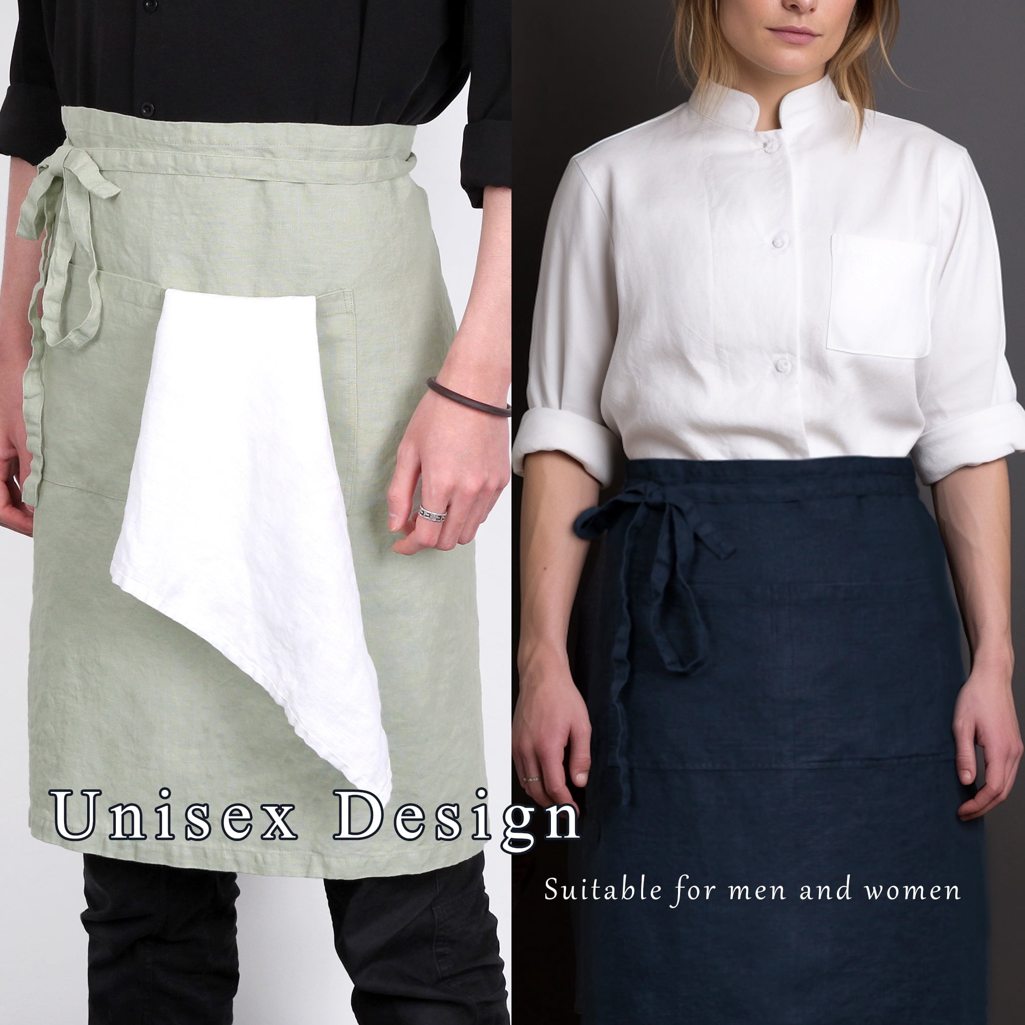 100% Linen Bistro Apron with Pockets 25x35 inch - Unisex Half Apron - Navy