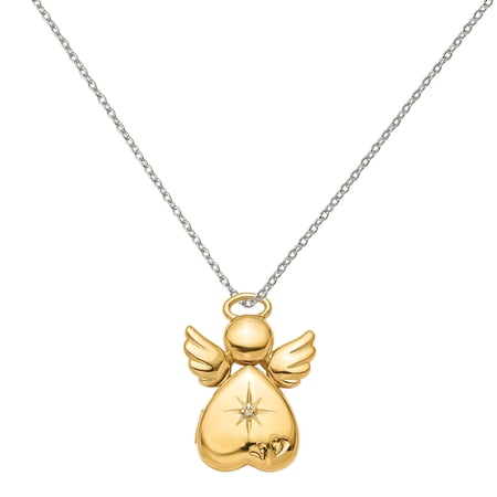 Primal Silver Sterling Silver Gold-plated 12mm Diamond Angel Locket With 18-inch Cable Chain