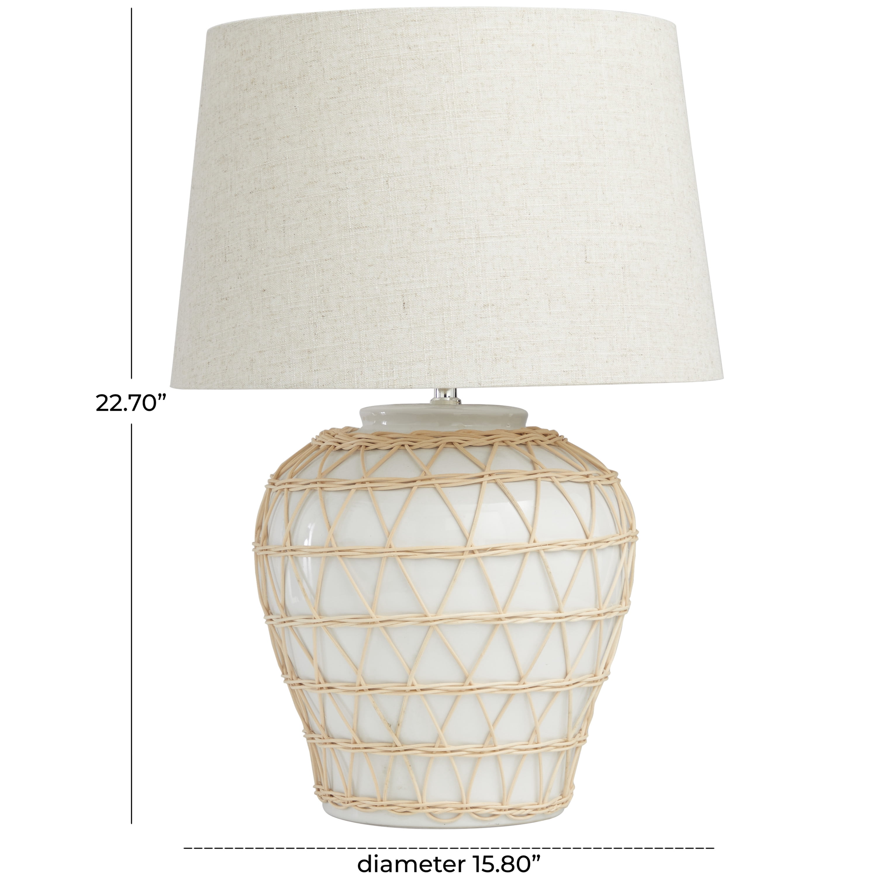DecMode 23" Woven Rattan Geometric White Table Lamp with Cream Linen Shade