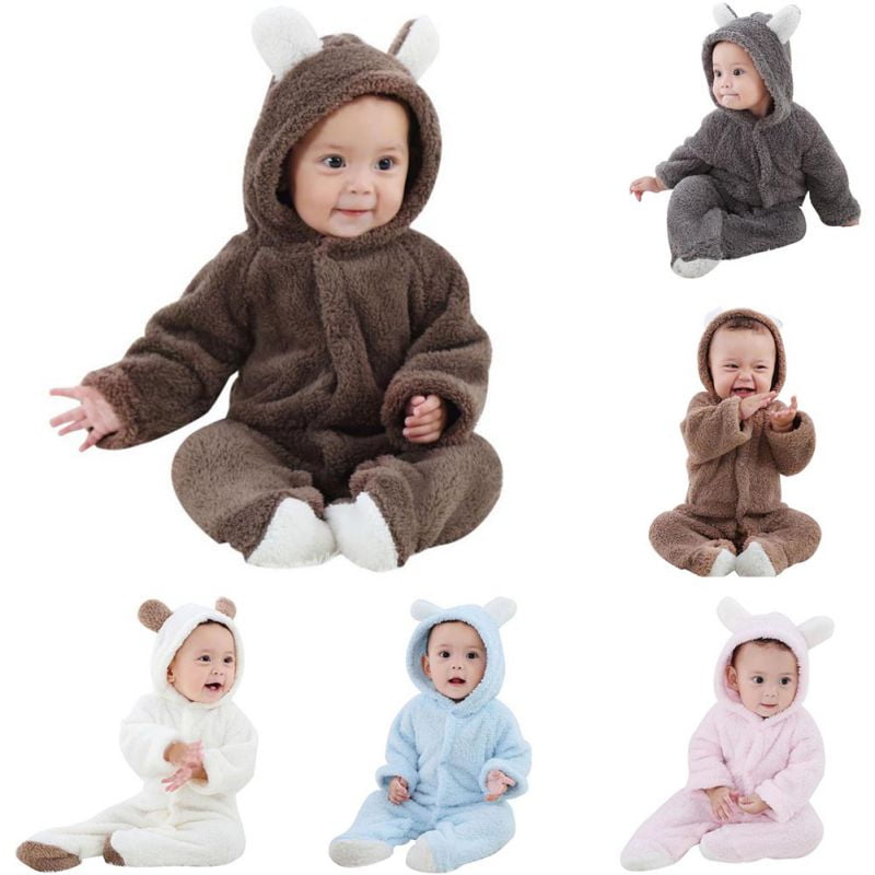 Winter Newborn Baby Boy Girl Zip Up Fleece Jumpsuit Hooded Romper Warm Outwear 