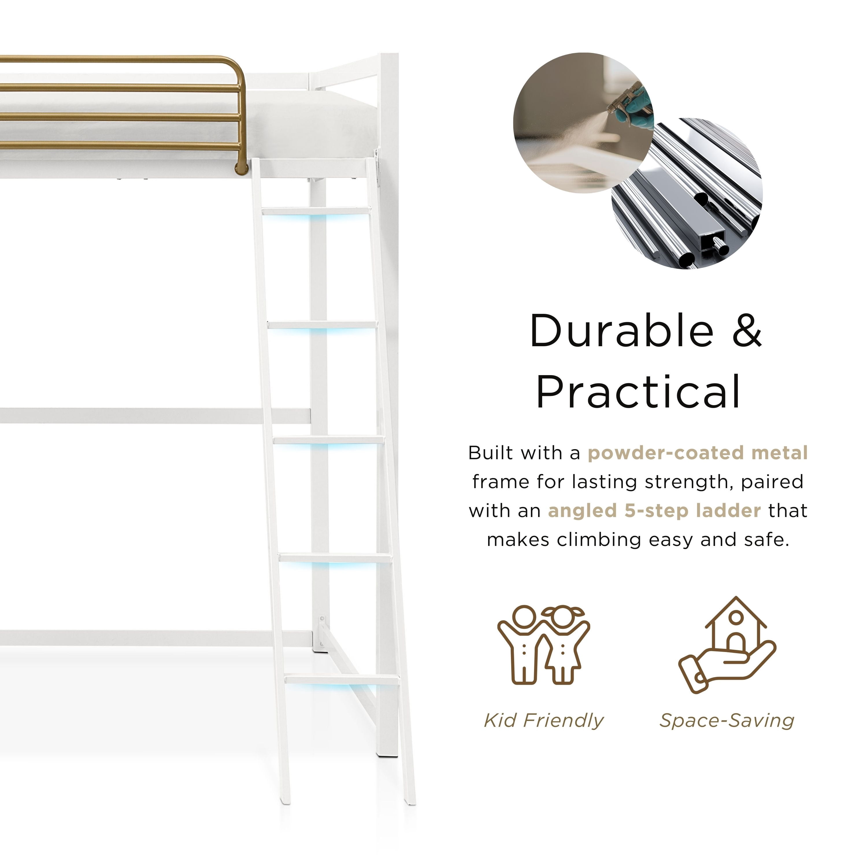 Furniture of America Metal Full Loft Bed with Guardrails, White and Gold Two-Tone Finish