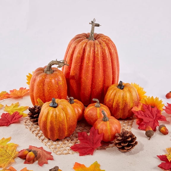 CQHVKQ 7PCS Fake Pumpkins Foam Decor Set, Fall Pumpkins Decoration from Sizes 1.9" to 7.5", Artificial Styrofoam Pumpkins for Table Centerpieces, Fall, Thanksgiving & Halloween DIY, Orange
