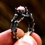 ZMY Home Stainless Steel Skull Ring with Dual Skeletons and Red Gemstone (8)