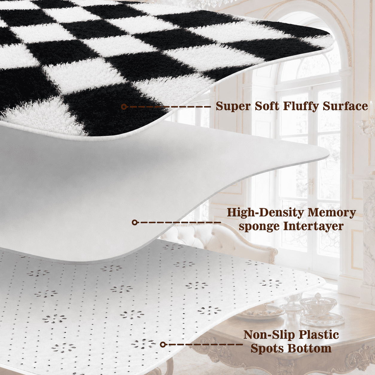 ZRSDIXK 8x10 Area Rugs for Living Room, Soft Fluffy Bedroom Rugs, Checkered Carpet, Black & White