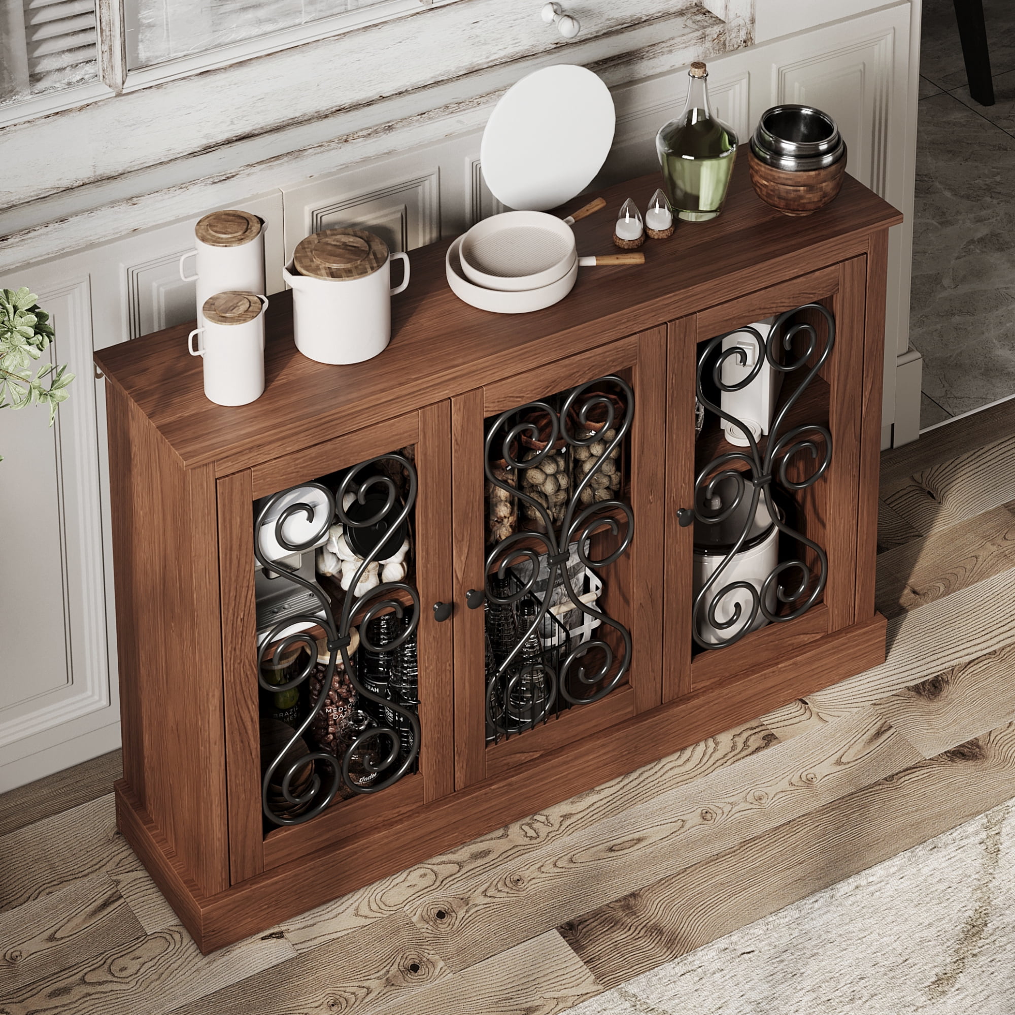 Leumius 47" Wood Sideboard Buffet Cabinet, Morden Fort Coffee Bar Storage Cabinet with 3 Metal-Decorated Doors, Freestanding Accent Sideboard for Kitchen, Living Room and Entryway