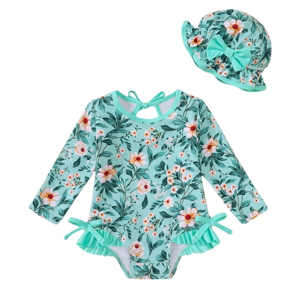 KIMI BEAR Newborn Baby Girls One-piece Swimsuit 0-3 Months Bathing Suit Ruffle Long Sleeves Floral Beach Wear UPF 50 Rash Guard Swimwear with Hat 2pcs Green