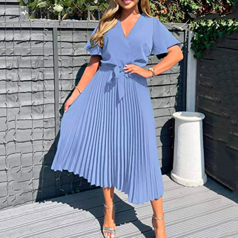 PEASKJP Summer Dresses for Women 2023 Flutter Sleeves Pleated V Neck Belted  Wrap Dress Flare Dress Light Blue S - Walmart.com