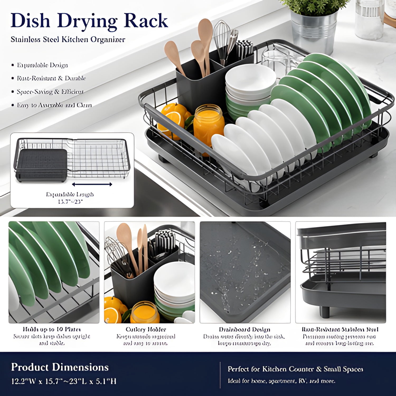Dish Drying Rack for Kitchen Counter, Stainless Steel Sink Organization and Storage Essentials with Cutlery Holder, Home and Appartment Decor, 12.2"W x 15.7"~23"L
