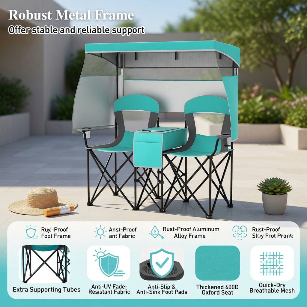Hommoo Double Beach Chair with Adjustable UPF50+ Canopy, 3-Side Roll-Up Shade Curtains, Built-in Cooler Bag & Mesh Ventilation, Turquoise
