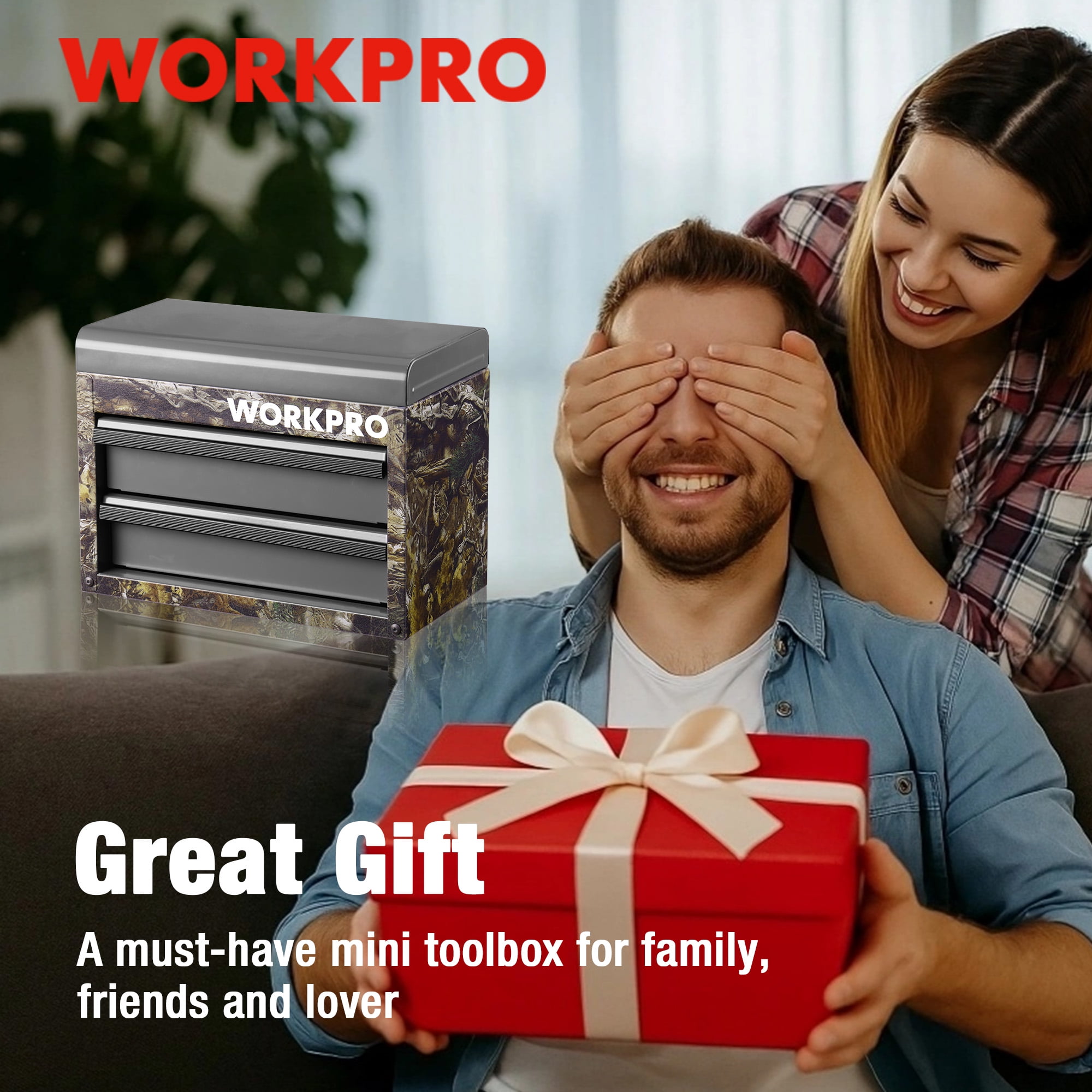 WORKPRO Mini Tool Box with 2 Drawers and Top Storage, Upgraded Version with Ball Bearing Slides, Small Metal Tool Chest with PVC Liners and PP Feet Pads, Camouflage.