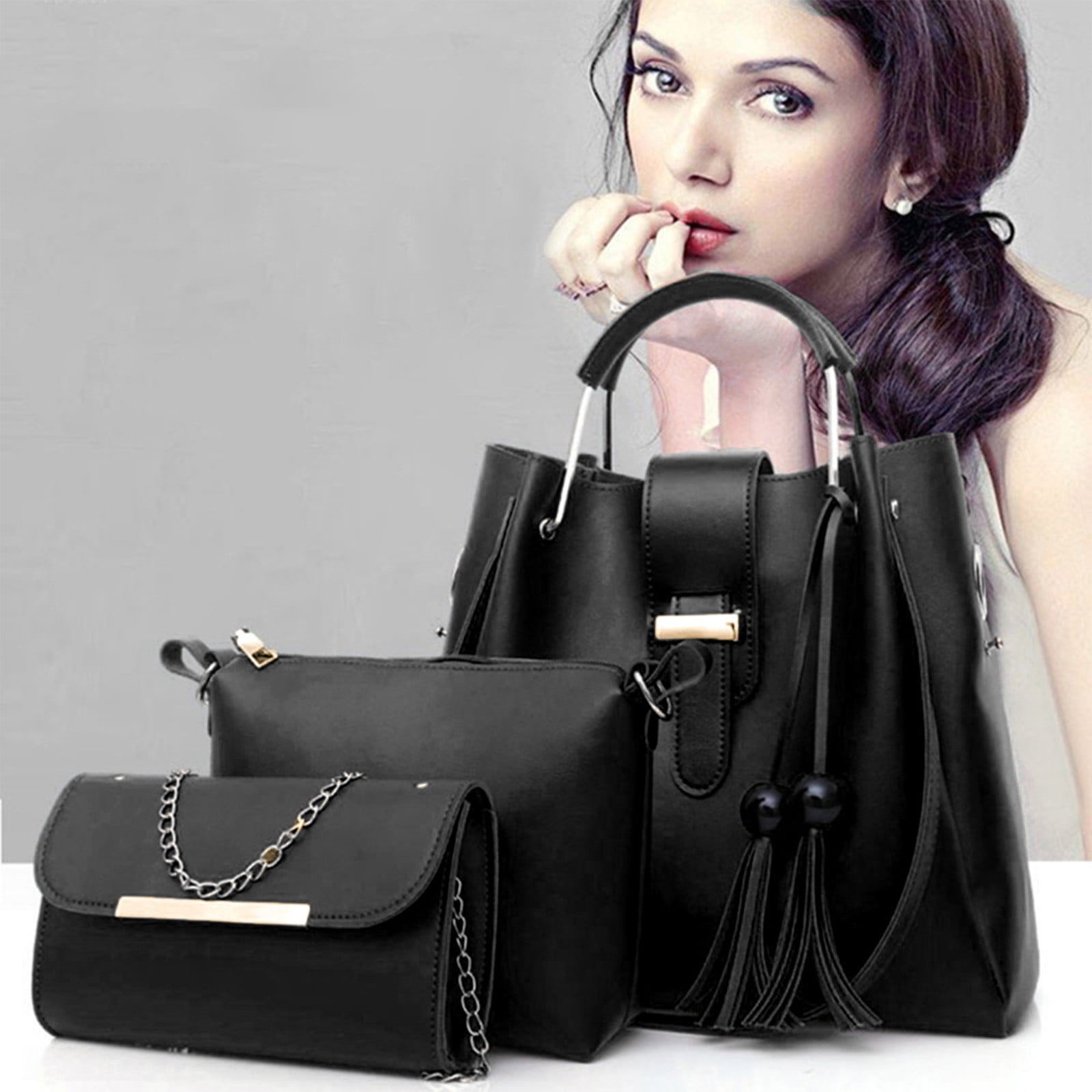 Quinlirra Set of 3 Purses for Women Tote Purse and Wallet Set Shoulder Satchel Bags, Women Handbag Wallet Tote Bag Shoulder Bag, Gifts for Women-Black&Set of 3