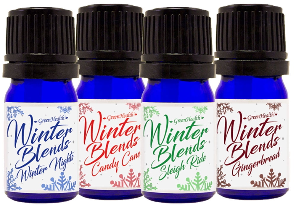 GreenHealth - Holiday Season Synergy Blends - Winter Blends Set- 5 ml (1/6 fl oz) - Sleigh Ride, Winter Nights, Ginger Bread, & Candy Cane - 100% Pure,Undiluted, Therapeutic Grade, Aromatherapy