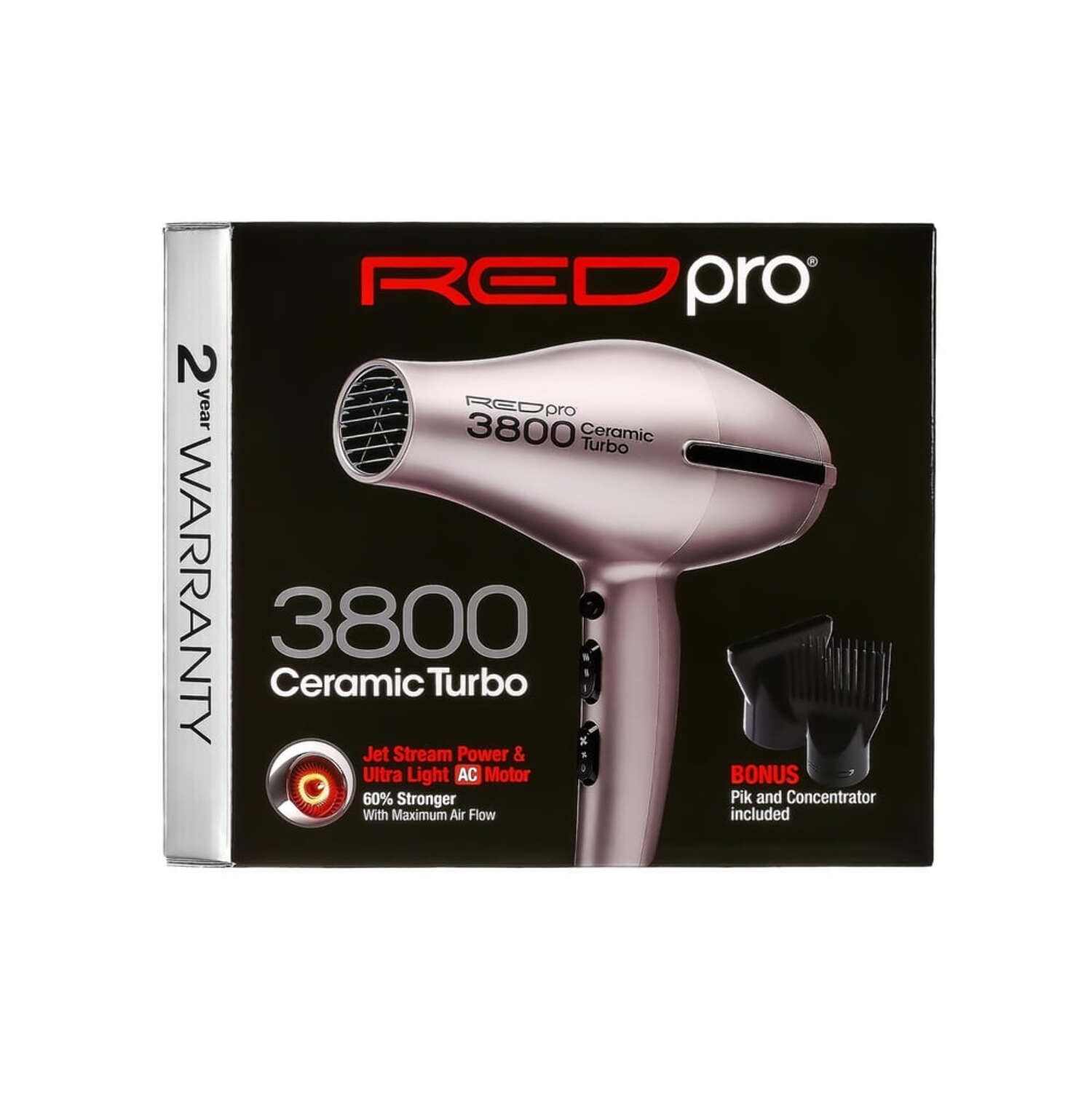 RED Pro 3800 Ceramic Turbo Hair Dryer – Lightweight Powerful AC Motor Blow Dryer with 3 Heat & 3 Speeds, Turbo Airflow, 2 Bonus Styling Attachments (Detangler Pik & Concentrator), Frizz-Reduction