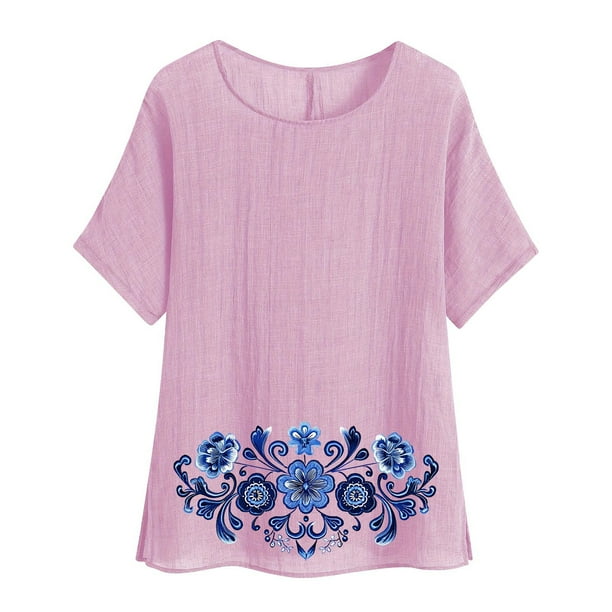 Camiseta de Mujer Camiseta de Manga Corta Impresión Casual Raglan Suelto de Lino Top Blusas, Cuello de la Tripulación
