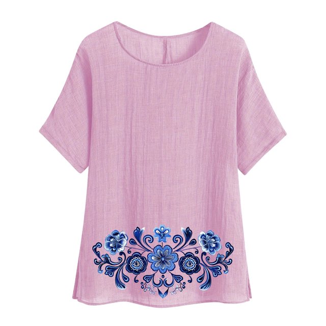 Camiseta de Mujer Camiseta de Manga Corta Impresión Casual Raglan Suelto de Lino Top Blusas, Cuello de la Tripulación