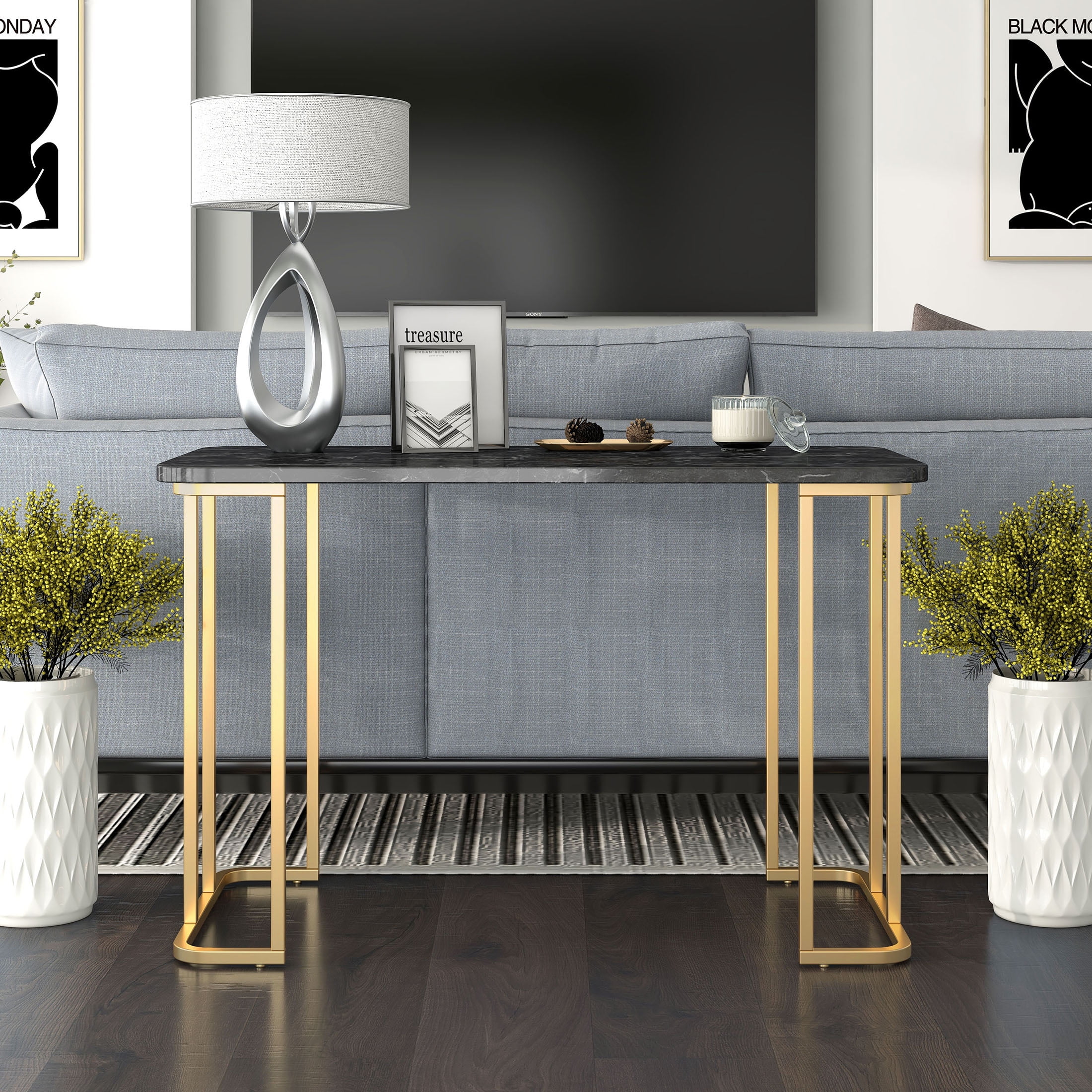 Furniture of America Musel Faux Marble Top Console Table, Black
