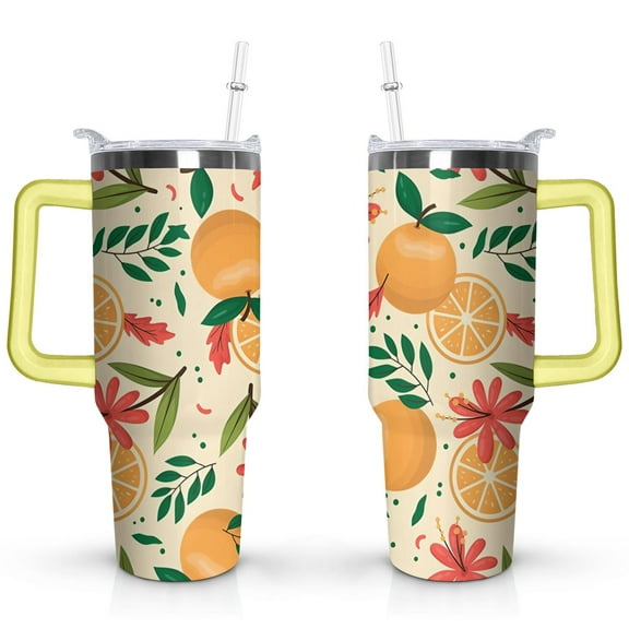 40oz Yellow Lemon Pattern Stainless Steel Flip Straw Tumbler Spill Proof Travel Cup Double Wall Vacuum Insulated Coffee Mug with Top Handle