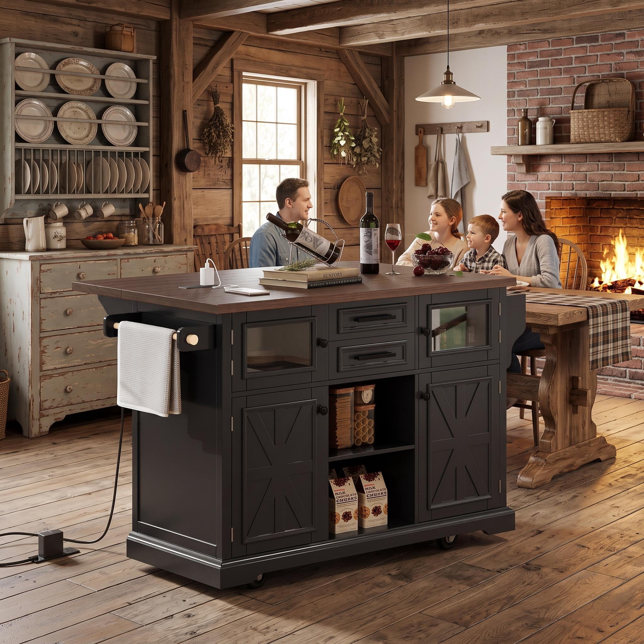 Homy Casa 54.9" Rolling Kitchen Island Carts with Drop Leaf, Storage Cabinet, Drawers and Shelves, Black