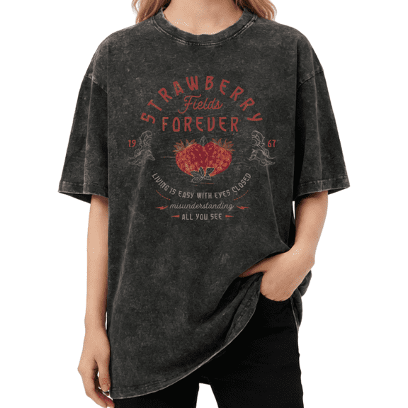 Giffimy Women Retro Strawberry Fruit Print Short Sleeve Vintage Washed Cotton T-Shirt Black S-2XL