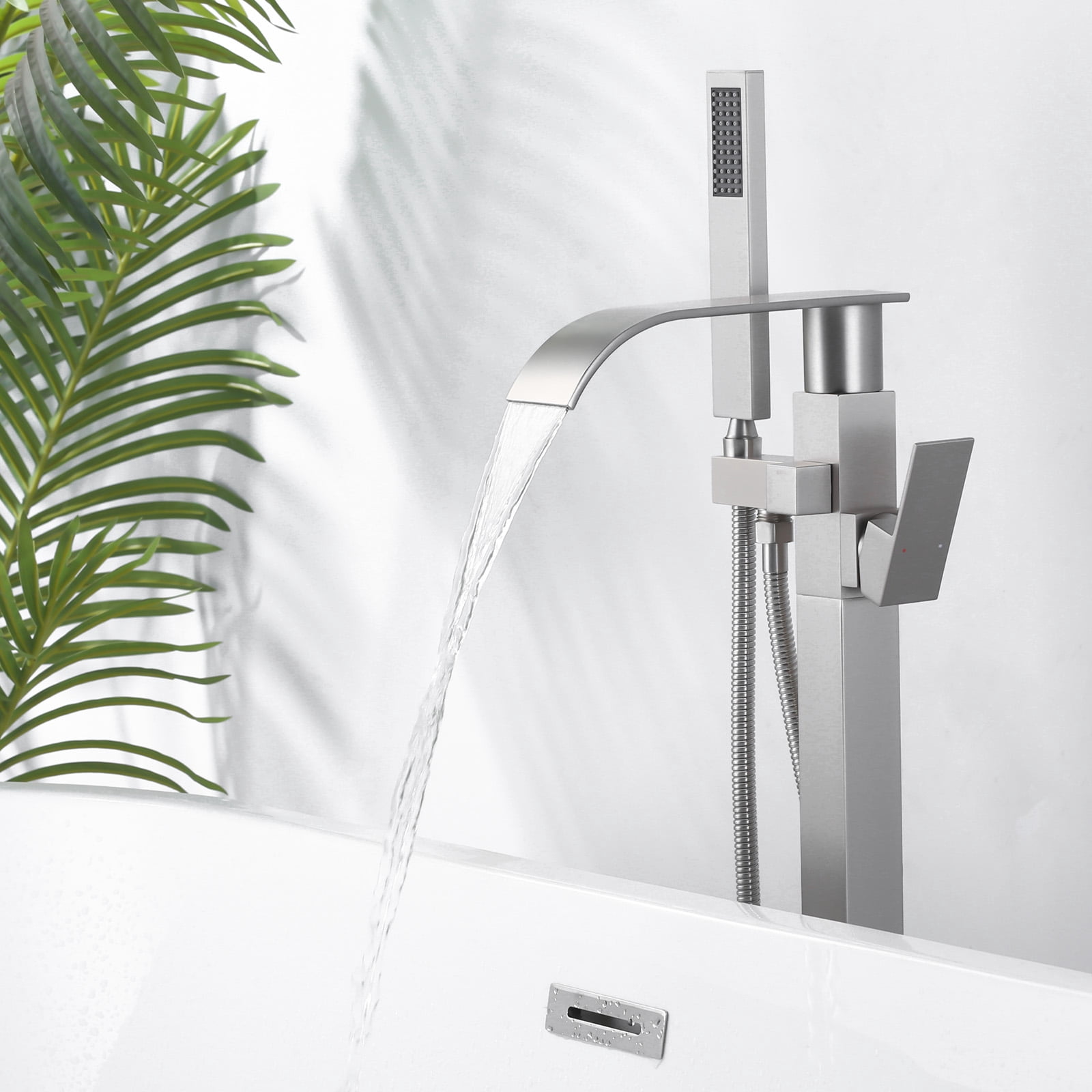 Wowow Brass Waterfall Single-Handle Floor Mount Freestanding Bathtub Faucet with Hand Shower and Supply Line in Brushed Nickel