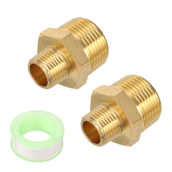 Uxcell 2pcs Hex Nipple Brass Pipe Fitting, 3/8 NPT Male x 3/4 NPT Male Threaded Pipe Adapter Pipe with PTFE Tape, Gold Tone